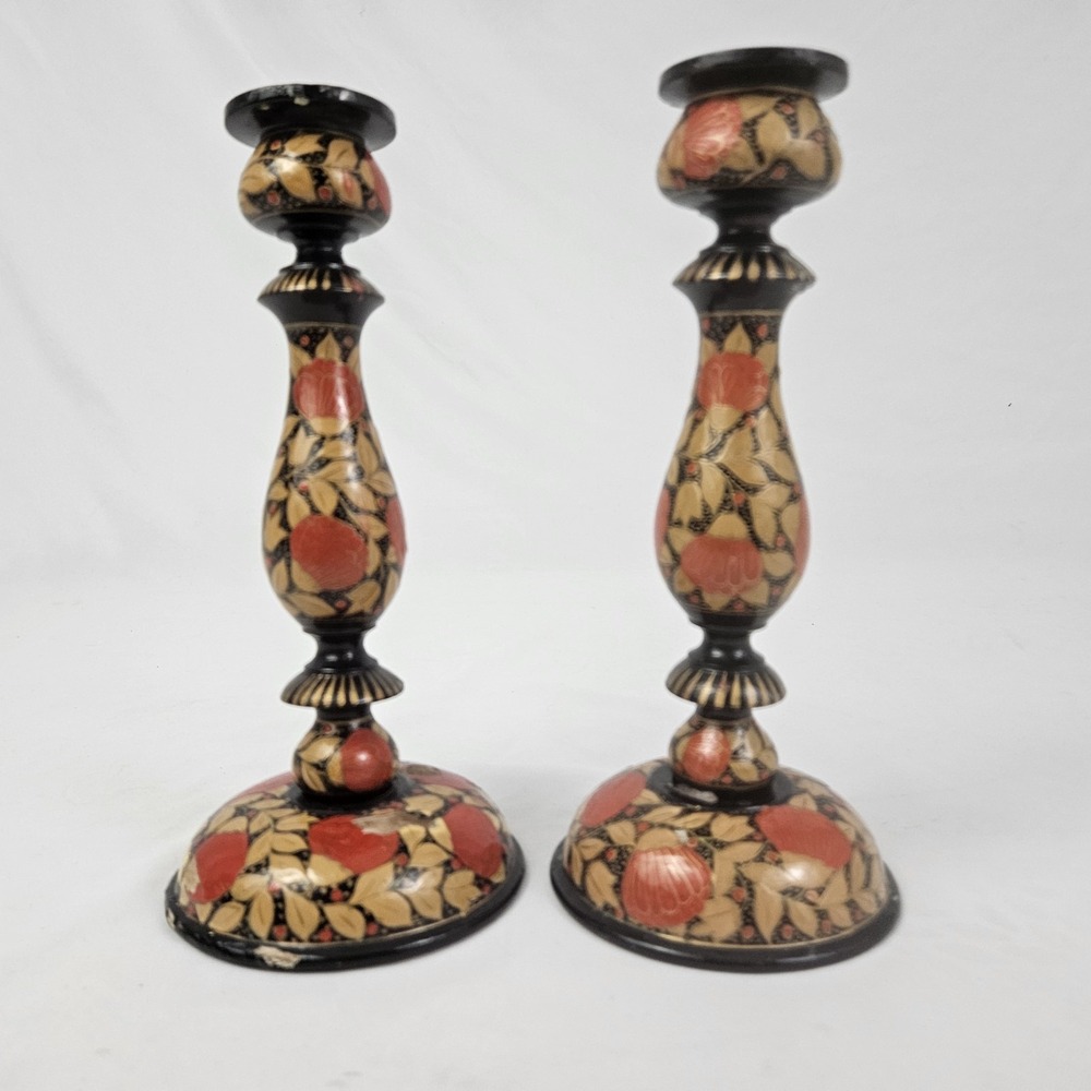 Vintage Paper Mache Lacquered Candlestick Candle Holders Boho MCM Folk Art